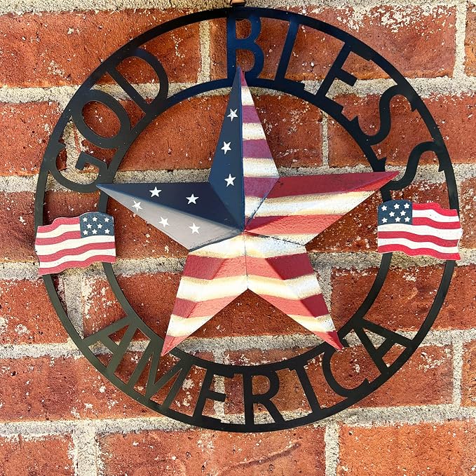 God Bless America USA Metal Star Hanging Welcome Home Signs Wall Decor 4th of July Patriotic Front Door Wreaths Hanger, Meta Flag Garden Fence Patio Front Porch Yard Indoor Outdoor Patriotic Decorations 13''H