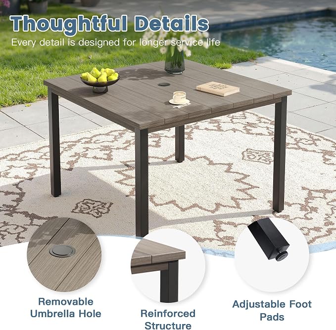 DIFY Patio Table and Chairs Set for 4, 5 Piece Outdoor Dining Set, 40.2" Grey Wood-Like Square Metal Dining Table with Umbrella Hole and 4 Grey Textilene Swivel Patio Chairs, for Garden Backyard Deck