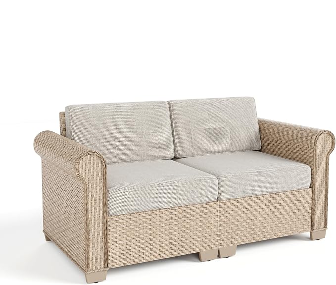 SUNSHINE VALLEY Patio Rattan loveseat, 2-Seat Wicker Rattan Sofa with 5.5" Thick Waterproof Cushions, All Weather Outdoor Conversation Set for Lawn Backyard Garden and Deck, Beige