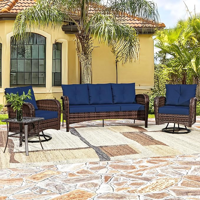 4 Pieces Patio Set, 73" Rattan Loveseat Sofa, Coffee Table, Wicker Swivel Glider Chairs, Cushion with Water Resistant Cover, Outdoor Conversation Furniture, Couch for Sunroom (Navy Blue)