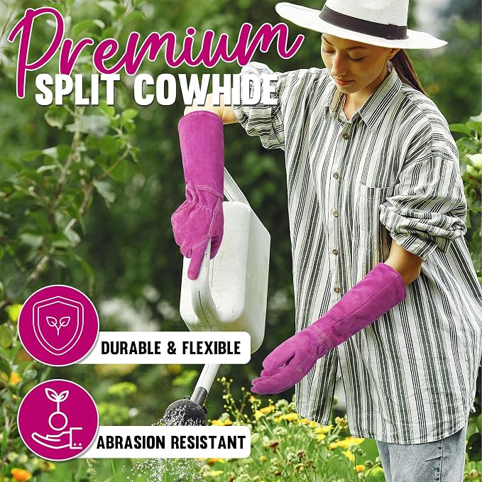 HANDLANDY Rose Pruning Gloves for Men Women, Thorn Proof Gardening Gloves | Long Leather Gardening Gloves, Breathable Leather Gauntlet, Best Garden Gifts & Tools for Gardener (Rosy, M)