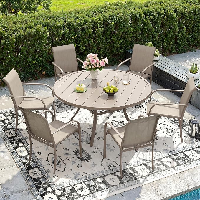 DIFY 7 Pieces Outdoor Patio Dining Set for 6, 47.2" Sandshell Round Dining Table and 6 Sandshell Stackable Sling Dining Chairs, Metal Outdoor Table and Chairs for Lawn Garden Backyard Deck