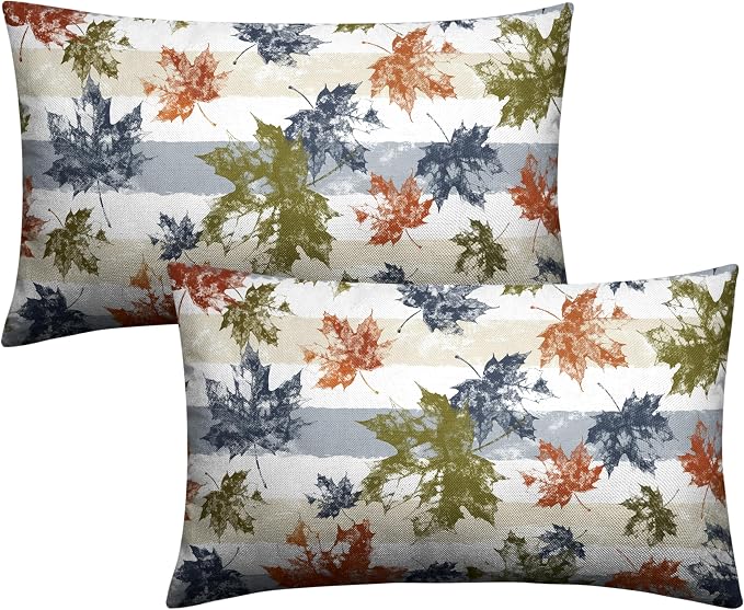 Thanksgiving Colorful Maple Leaves Lumbar Pillow Covers 12x20 Set of 2 Fall Rectangular Pillow Covers Blue Beige White Stripes Pillowcase Autumn Throw Pillow Covers for Patio Indoor Couch