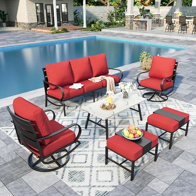 Sophia & William Patio Furniture Sets 7 Seats Outdoor Conversation Set 6 Pcs,2 x Cushioned Swivel Sofa Chairs,1 x 3-Seat Sofa,2 Ottomans, Marbling Metal Coffee Table Patio Backyard Poolside Red