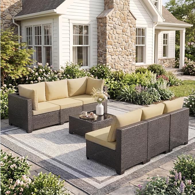 ANJ 7 Piece Outdoor Wicker Patio Furniture Set, Modular Loveseat Sofa with with Glass Top Coffee Table, All-Weather Rattan Conversation Couch Set for Balcony, Backyard, Dark Brown Wicker-Camel