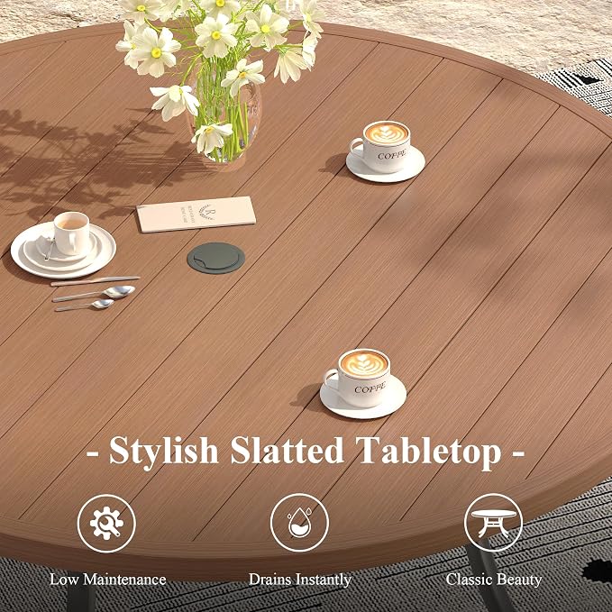 Outdoor Dining Set for 6, 50" Metal Round Outdoor Dining Table with Umbrella Hole and Sling Patio Swivel Chairs, 7 Pieces Patio Table and Chairs Set for Garden Backyard, Charcoal and Walnut