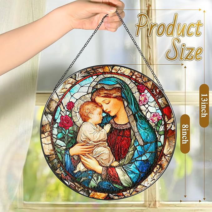 8 Inch Virgin Mary Stained Glass Suncatcher, Stained Glass Window Hanging, Christian Window Hanging Decor, Suncatchers for Windows Door Home Decor and Christmas, Christian Gift, Religious Gift
