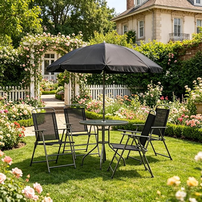 6-Piece Outdoor Dining Set with Umbrella, 4-Person Patio Furniture Set, Folding Chairs & Tempered Glass Table, 31.5" Dia. Table
