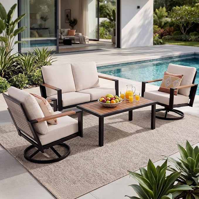 Natural Expression Patio Furniture Set, 4 Piece Metal Outdoor Conversation Set with 2 Swivel Rocker, 1 Loveseat, Handwoven Wicker Back & Fauxwood Tabletop, 3" Wide Arm with 6" Cushion for Porch, Yard