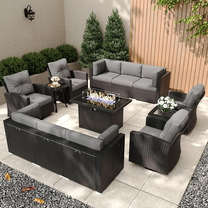 Patio Furniture Set with Fire Pit Table, 13 Pieces Outdoor All-Weather Wicker Conversation Sectional Chair Sofa Set with 4 Swivel Chairs