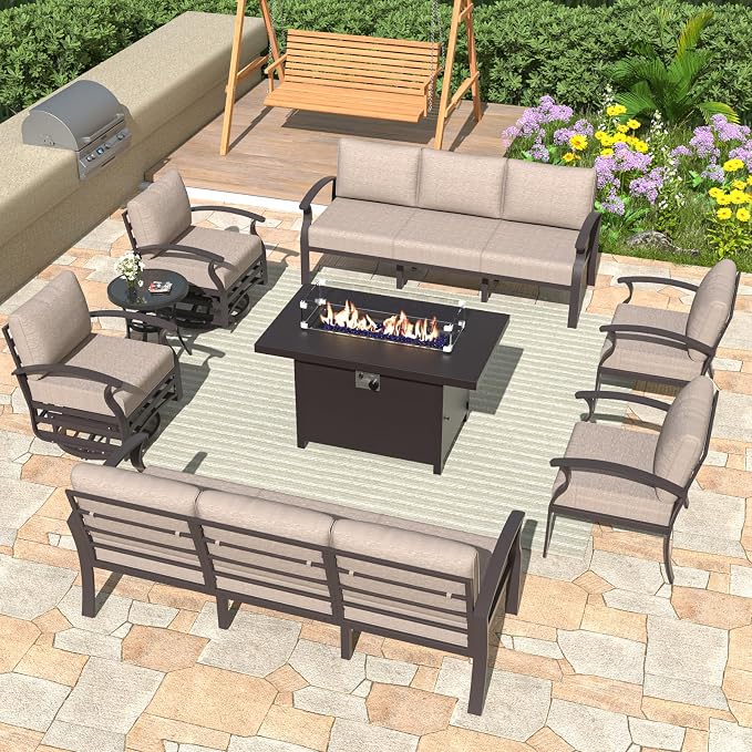 ALAULM Aluminum Patio Furniture Set with Propane Fire Pit Table 10-seat Metal Outdoor Furniture w/Fire Pit Patio Sectional w/5.1" Cushions for Patio, Backyard, Poolside-Sand