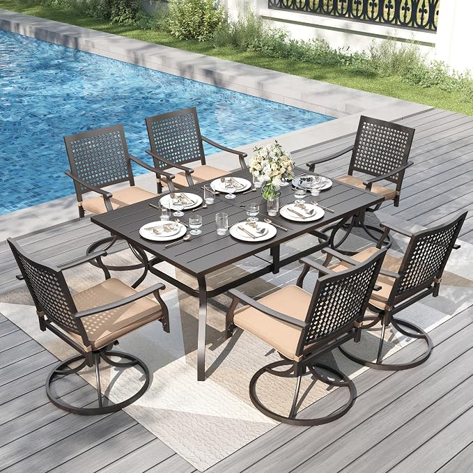 PHI VILLA Outdoor Dining Set for 6, 60" Metal Table & Swivel Chairs | 7 pcs black wrought iron furniture set w/ umbrella hole. All weather for patio, deck, yard, porch