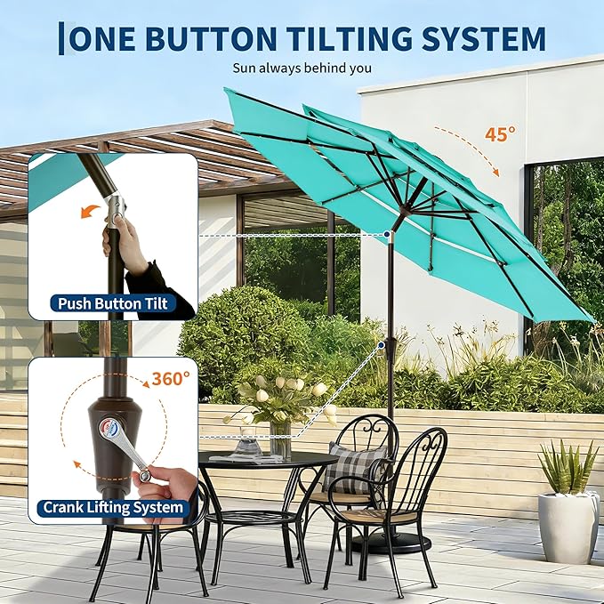 Garvee 9ft 10ft Patio Umbrella with Solar Lights, 3-Tier Umbrella Outdoor Patio with LED Lights, Ventilation, Easy Crank & Tilt, 8 Sturdy Ribs, UV Protection, Large Patio Umbrella for Deck, Pool