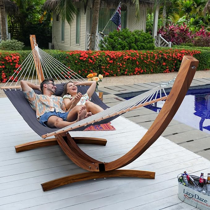 Lazy Daze Hammocks Double Quilted Hammock with 13 FT Curved Steel Heavy Duty Stand and Pillow for Outside, Backyard, Patio, 450 Lbs Capacity, Dark Grey