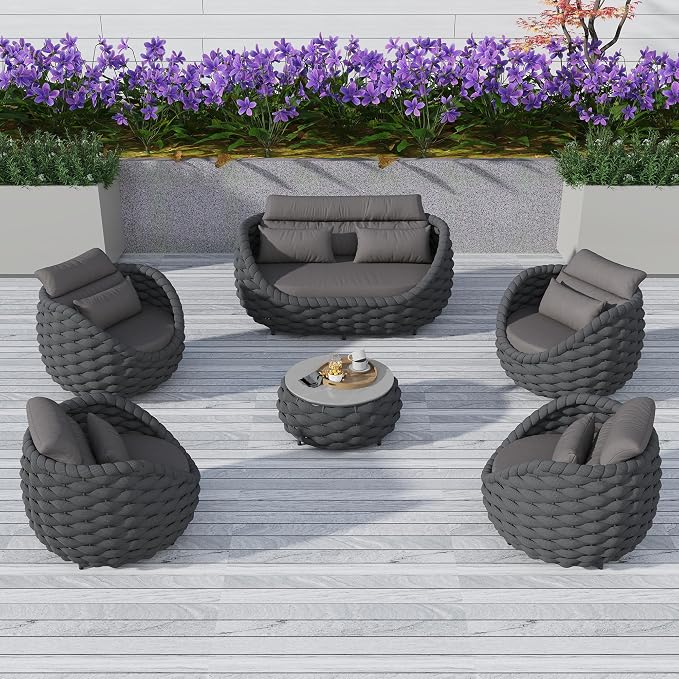 TWT 6-Piece Aluminum Patio Furniture Set, Olefin Rope Modern Outdoor Conversation Set Sectional Sofa with Water Repellent Thick Cushions and Coffee Table for Balcony, Garden, Dark Grey