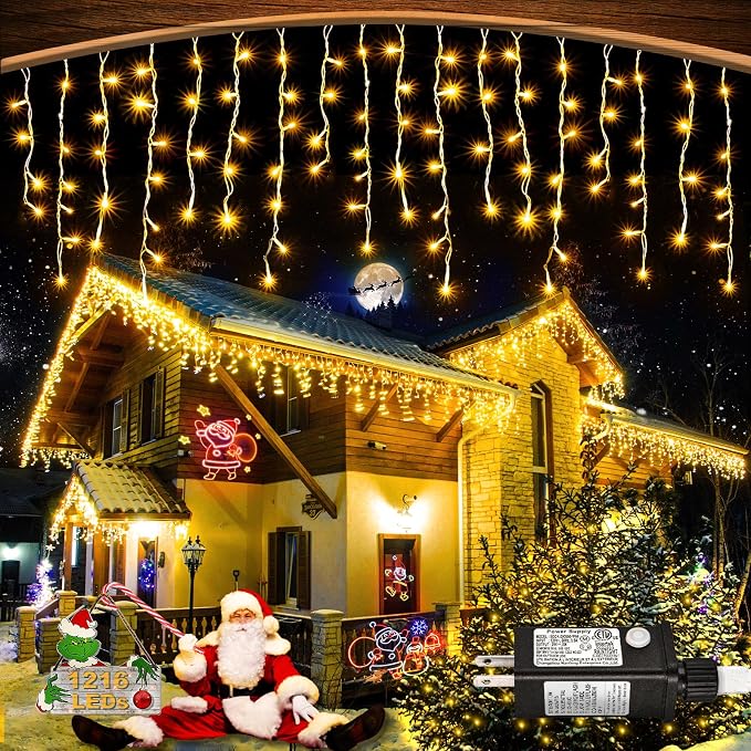 Warm White Christmas Lights Outdoor 99ft 1216 LED Icicle Lights for Outside | Plug in Clear Wire Waterproof Timer Memory for House Eaves Yard Wedding Party Holiday Decorations, 228 Drops String Lights