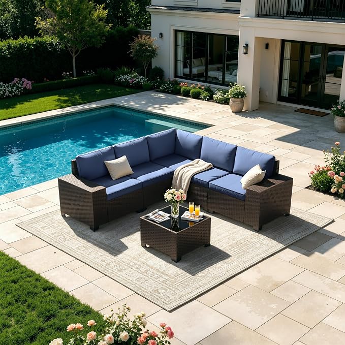 Patio Furniture Set 6 Pieces Outdoor Sectional Sofa Set,PE Rattan Wicker Patio Conversation Set with Thickened Cushions and Glass Coffee Table,NavyBlue