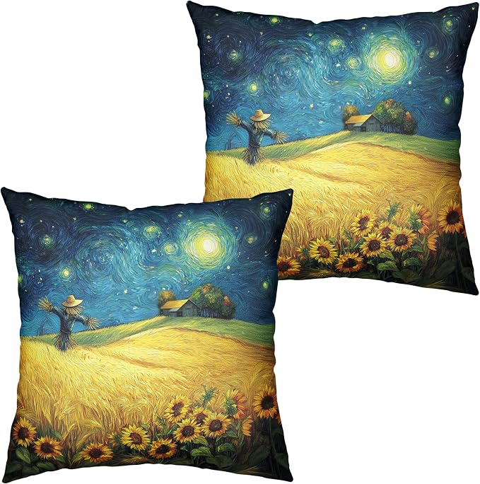 Fall Throw Pillow Covers 24x24 Set of 2 Autumn Sunflower Wheat Field Harvest Pillow Covers Scarecrow Under Van Gogh Starry Night Thanksgiving Pillowcase for Home Decor Couch
