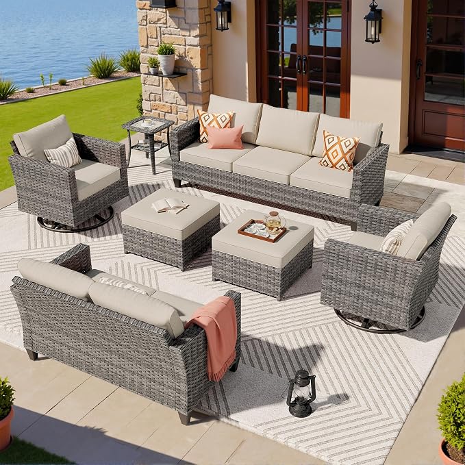 ovios 7 Pieces Patio Furniture Set, Outdoor Wicker Sofa Couch with Swivel Chairs, Rocking Glider Rocker with Comfy Cushions All Weather Rattan Conversation Set, Beige
