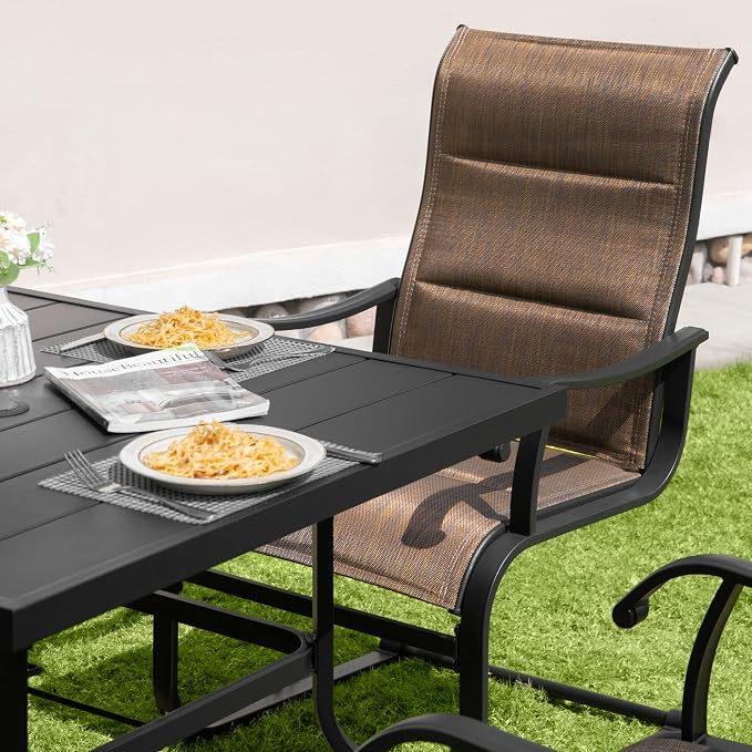 NUU GARDEN 5 Piece Outdoor Dining Set, 4 Padded Textilene Patio Chairs and 37 Inch Square Table with Umbrella Hole, Patio Furniture for Backyard Garden, Brown and Black