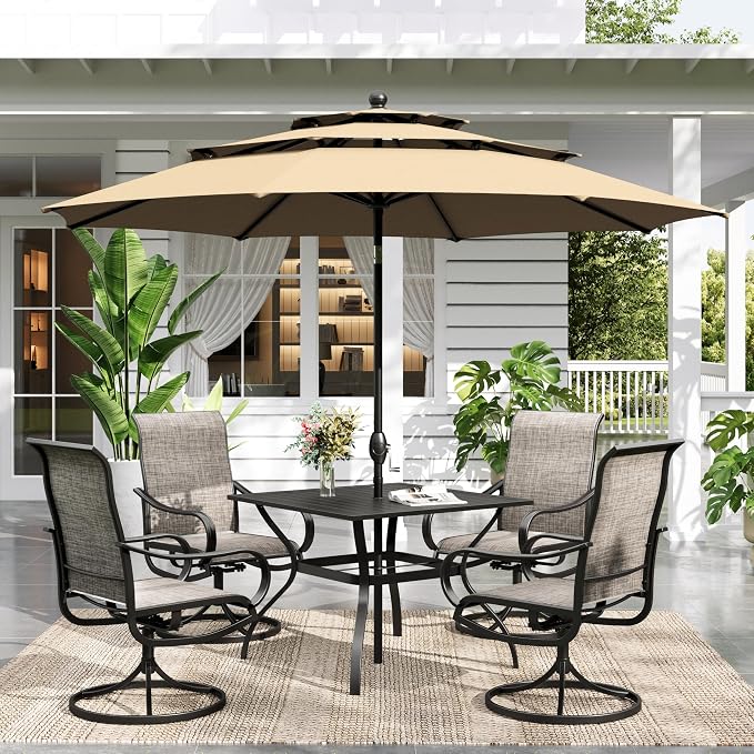 Sophia & William Outdoor Dining Set with Umbrella for 4 Person, Include 4 x Swivel Patio Chairs, 1 x Classic Metal Table and 10ft Beige Patio Umbrella (No Umbrella Base) for Deck Garden Backyard