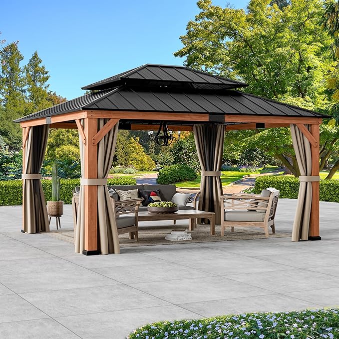 Modern Shade Rosewood Wood Gazebo 13' x 15', Permanent Hardtop Gazebo with Double Galvanized Steel Roof, Mosquito Netting and Yard-Dyed Curtains, Cedar Outdoor Gazebo with Sturdy Hooks for Backyard
