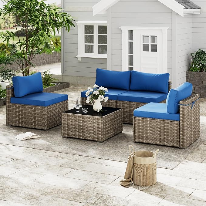 Tradare 5 Piece Patio Furniture Set, Outdoor Wicker Patio Sofa Set, PE Rattan Sectional Couch with Glass Table and Blue Cushions, All-Weather 5 Piece Outdoor Patio Furniture Sets, Grey