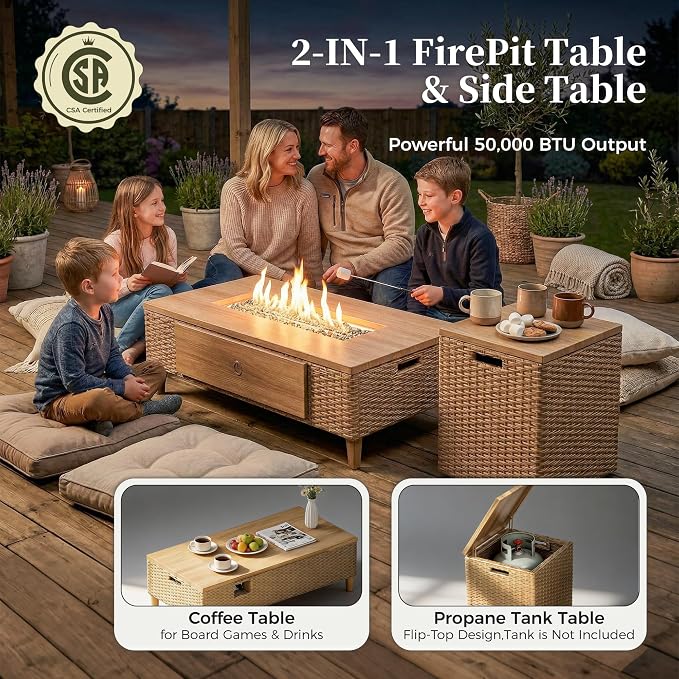 MIXPATIO Patio Sectional Furniture with Fire Pit, 9 Pieces Outdoor Wicker Sofa Set, Yellow Rattan Modular Conversation Sets with 10" Thick Cushions, L Shape Low Profile Lawn Deck Garden Furniture