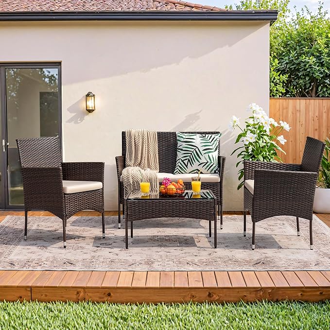Homall 4 Pieces Outdoor Patio Furniture Sets Rattan Chair Wicker Set,Outdoor Indoor Use Backyard Porch Garden Poolside Balcony Furniture (Brown and Beige)