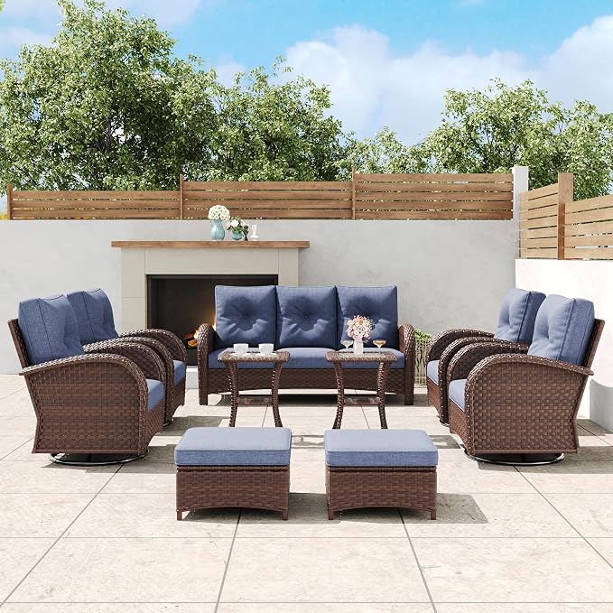 9 Pieces Outdoor Wicker Patio Swivel Rocking Chairs, All Weather Wicker Conversation Set with Side Table