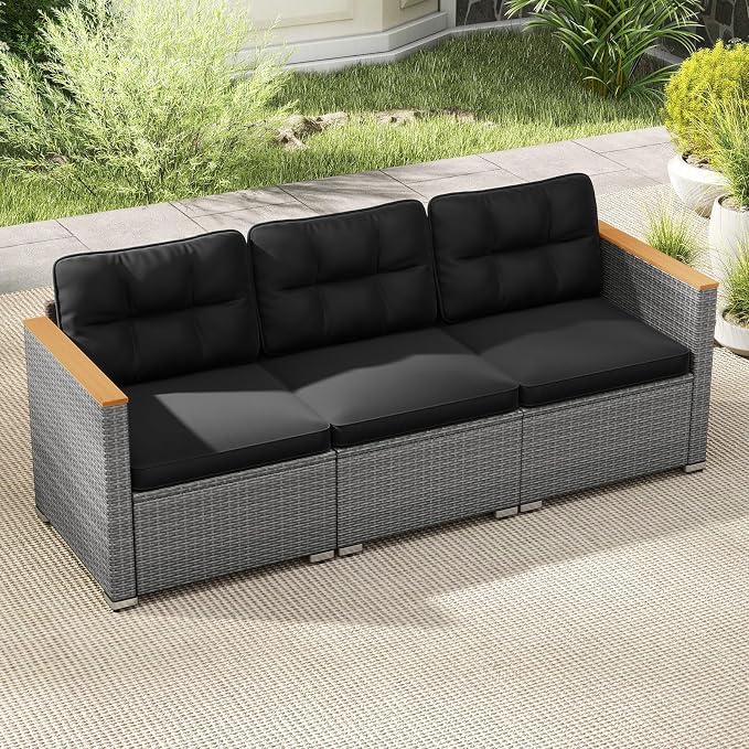 Tangkula 3-Seat Patio Wicker Couch Sofa, Outdoor 3 Seater Rattan Furniture Set with Acacia Wood Armrests & Thick Cushion, Outside Sectional Sofa Couch for Porch, Deck, Garden and Backyard, Black
