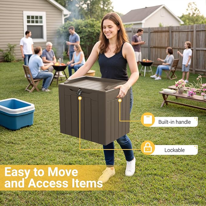 Greesum Outdoor Storage Box 31 Gallon Storage Box with Lid for Patio Furniture, Garden Tools, Pool Supplies, Waterproof and UV Resistant, Lockable, Dark Brown