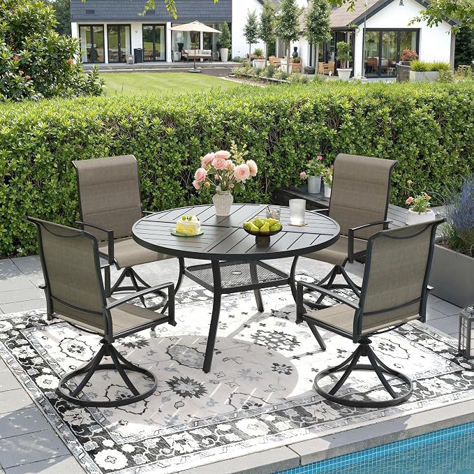 DIFY 5 Piece Outdoor Dining Set, Metal Patio Table and Chairs Set, 40.6" Black Round Dining Table & 4 Brown Padded Textilene Swivel Patio Chairs, Outdoor Furniture Set for Garden Backyard Porch