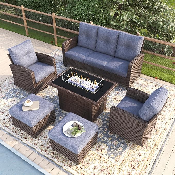 6 Pieces Patio Furniture Swivel Chairs Set with Fire Pit Table, Outdoor Wicker Glider Rocking Chairs with Sofa Set