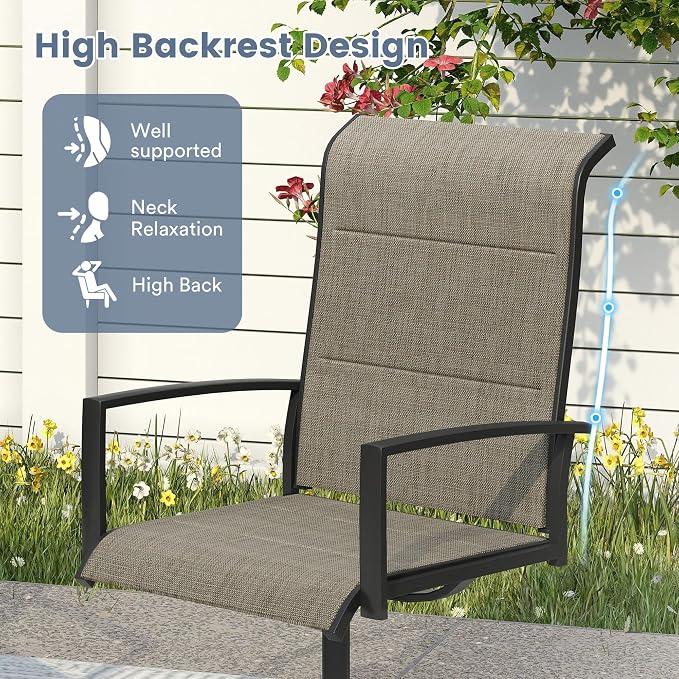 VICLLAX Patio Dining Set for 6, 6 Seats Outdoor Furniture Includes 50.1" Round Patio Table and Swivel Padded Chairs, Black Tabletop and Mixed Brown Fabric