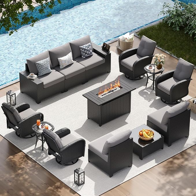 LazySunsets 13 PCS Patio Furniture Set with 44'' Fire Pit Table, Outdoor Sectional All-Weather Wicker Conversation Set with Swivel Rocker Chairs, 4'' Thick Cushions for Backyard Poolside(Crey/Black)