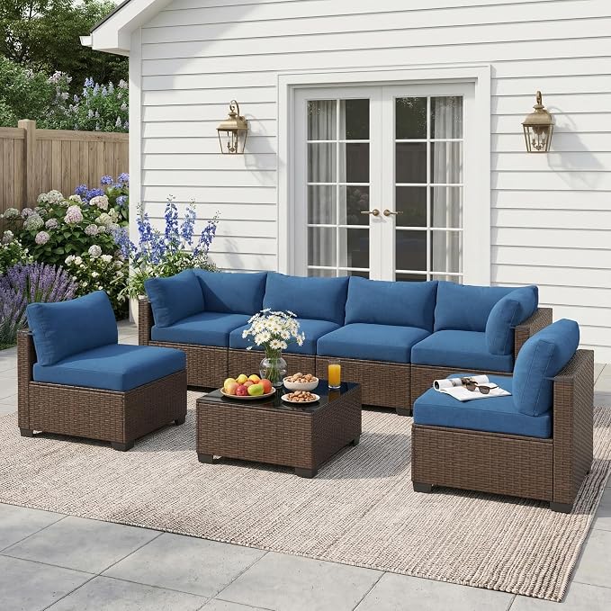 Patio Furniture Set 7 Pieces Conversation Set Wicker Outdoor Sectional Sofa,Ergonomic Armrests Couch with Cushion and Glass Table (Brown-Peacock Blue, 7 Piece-Single)
