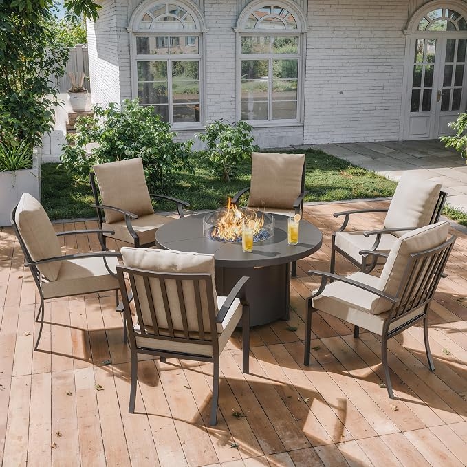 ALAULM 7-Piece Outdoor Dining Set for 6 Metal Outdoor Patio Furniture with 40000 BTU Round Fire Pit Table for Patio, Backyard, Garden-Sand