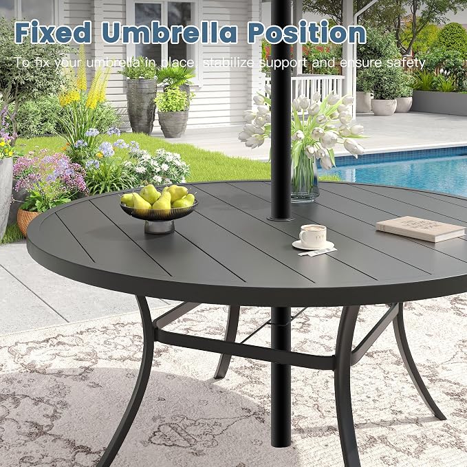 DIFY Outdoor Dining Set for 6, 7 Piece Patio Table and Chairs Set, Swivel Patio Dining Chairs with Blue Textilene & 50" Black Round Metal Dining Table with Umbrella Hole, for Garden Backyard Deck