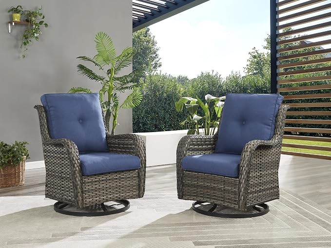 Rilyson Wicker Rocking Chair Swivel Chairs - 4 Piece Rocker Patio Chairs Set Rattan Rocking Chair for Outdoor Porch Deck Garden Backyard(Mixed Grey/Blue)