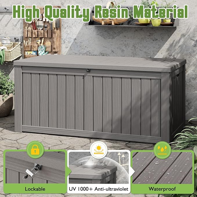 KAMABOKO Outdoor Storage Box, 150 Gallon Large Outdoor Resin Deck Box, Storage Waterproof Boxes Lockable Lid for Garden Tools, Pool Supplies, Patio Furniture and Cushions, Grey