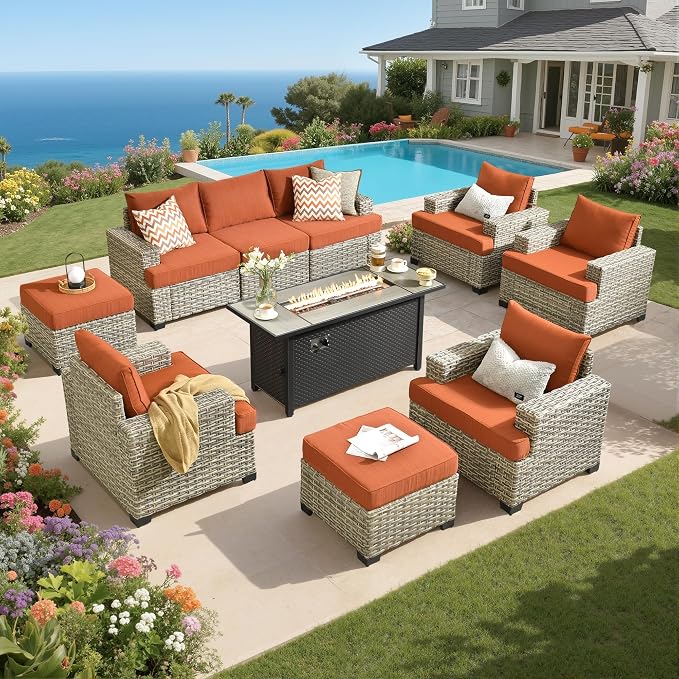 Rattan Patio Furniture Set with Fire Pit,10 Pieces Outdoor Sectional with Single Chair Ottoman,Out Door Furniture Conversation Set,Orange Red