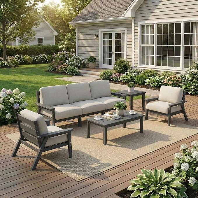 Kingdura HDPE Patio Furniture Set, 7 Piece Outdoor Sectional Sofa with Coffee Table & Side Table, All Weather Outdoor Couch Conversation Set with Washable Cushions for Backyard Poolside Balcony
