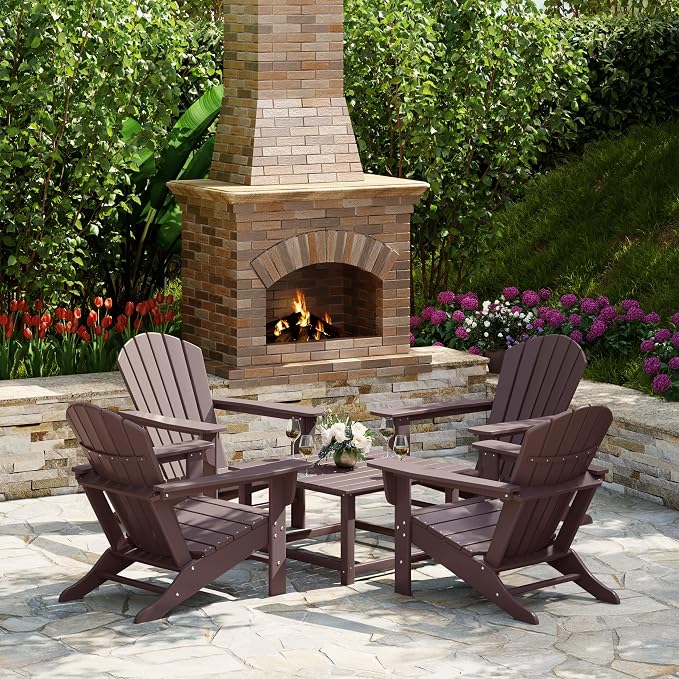 Costaelm Patio Conversation Set, Patio Chairs Set of 5 Balcony Firepit Furniture Outdoor Adirondack Square Table and Chair Backyard Furniture Set for Lawn Porch Pool Garden, Dark Brown