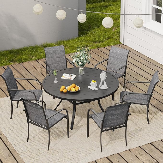 VICLLAX Round Outdoor Dining Set, Patio Table and Chairs Set Set of 6 Patio Stackable Chairs and 47" Outdoor Round Table with Umbrella Hole for Backyard Lawn Garden, Dark Grey Chairs and Black Table