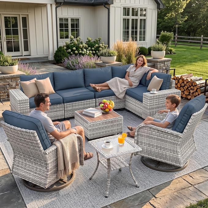 9-Piece Outdoor Patio Furniture Set with Rocking Swivel Chair Wicker Sectional Sofa Set, Patio Conversation Set with Thickened Cushions & Coffee Table for Garden, Backyard, Navy Blue