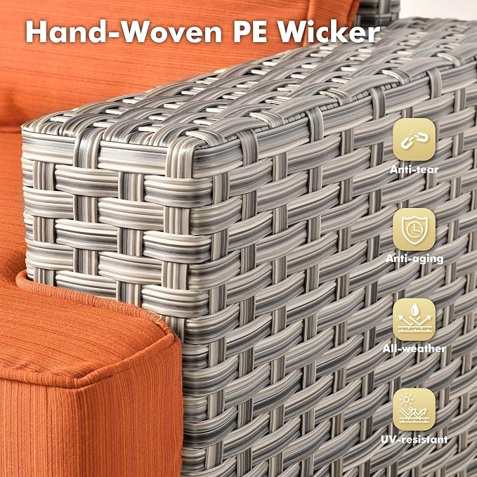 Weaxty 10 Pieces Outdoor Patio Furniture Set with Swivel Rocking Chair, Outdoor Sectional Sofa Couch Wicker Modular Patio Conversation Set w/42 Fire Pit and Coffee Side Table,Orange