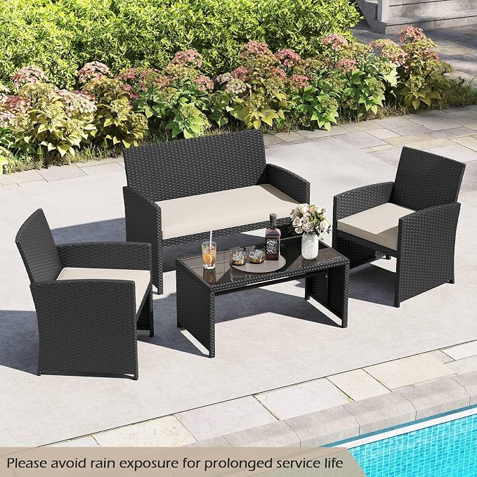 RELAX4LIFE 4-Piece Patio Furniture Set - Wicker Rattan Outdoor Sectional Sofa Set w/Glass Coffee Table, Loveseat, 2 Chairs & Soft Cushions, Bistro Conversation for Garden Porch (1, Black-White)