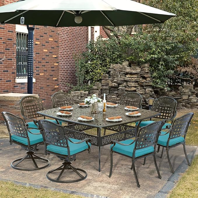 SOCIALCOMF 9-Piece Patio Cast Aluminum Dining Set, Outdoor Table and Chairs Set for 8, Includes 64" Large Square Dining Table, 4 Stationary, 4 Swivel Dining Chairs with Umbrella Hole, Ocean Blue