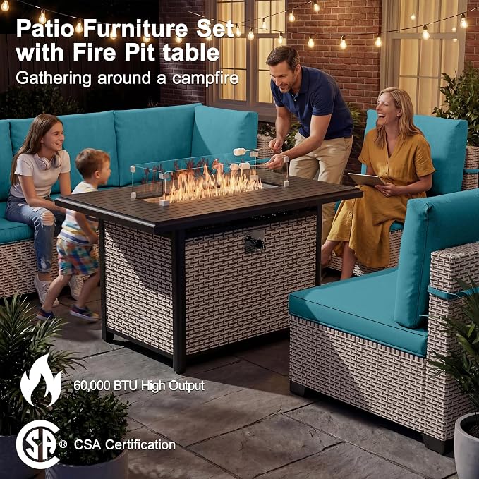 Patio Furniture Set, 18-Piece Outdoor Sectional Sofa with Swivel Rocker Chairs & Fire Pit Table, Wicker Patio Conversation Set with Coffee Table, Cyan Cushions